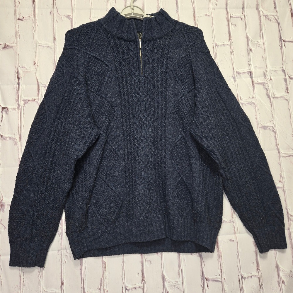 Jos. A. Bank Sweater Navy Blue Cable Knit Lambswool Quarter Zip Mens XL
